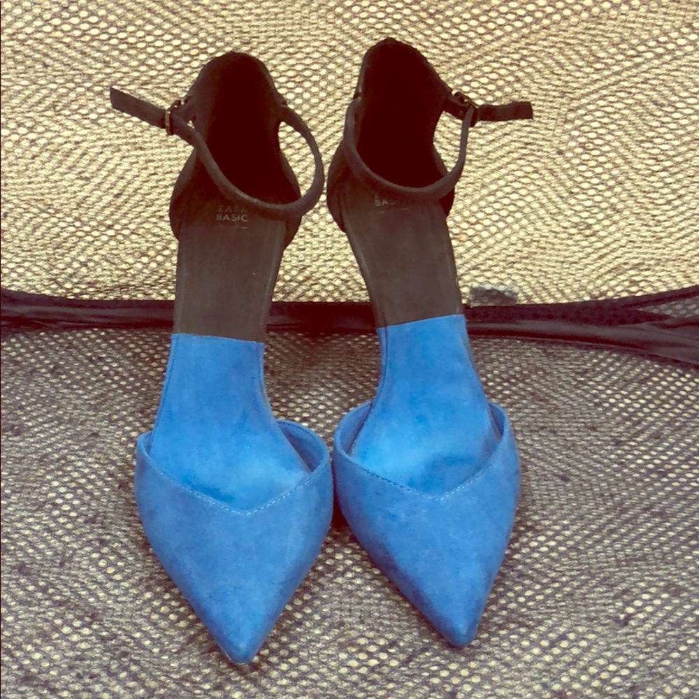 ZARA Black blue suede pumps with ankle ties sz 38